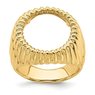14k Yellow Gold Mens Polished Vertical Fluting 17.8mm Coin Bezel Ring - Fits US $2.50 Liberty and Other Coins