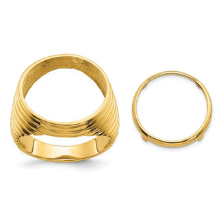 14k Yellow Gold Mens Polished Horizontal Fluting 16.5mm Coin Bezel Ring - Fits 1/10 oz American Eagle and 1/10 oz Krugerrand