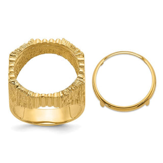 14k Gold Mens Polished Vertical Fluting w/ Textured Sides 17.8mm Coin Bezel Ring - Fits US $2.50 Liberty and Other Coins