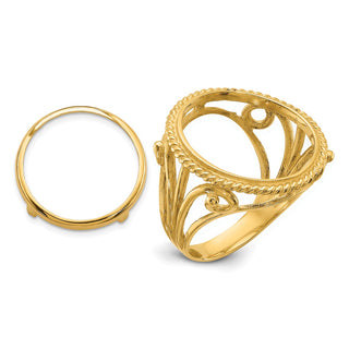 14k Yellow Gold Ladies Twisted Wire Filigree 16.5 mm Prong Coin Bezel Ring - Fits 1/10 oz American Eagle and 1/10 oz Krugerrand