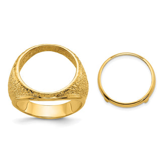 14k Yellow Gold Mens Polished & Textured Design 16.5mm Coin Bezel Ring - Fits 1/10 oz American Eagle and 1/10 oz Krugerrand