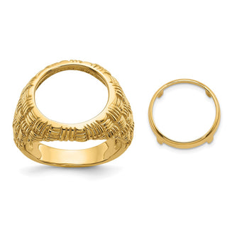 14k Yellow Gold Mens Polished Woven Design 13.0mm Coin Bezel Ring - Fits 2 Pesos and US $1