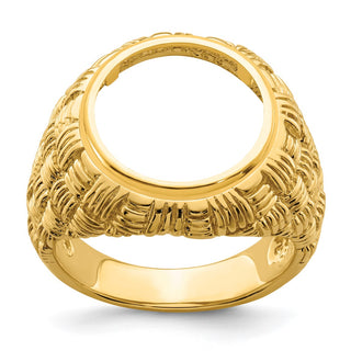 14k Yellow Gold Mens Polished Woven Design 14.0mm Coin Bezel Ring - Fits 1/20 oz Maple Leaf and Other Coins