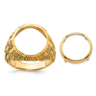 14k Yellow Gold Mens Polished Woven Design 14.0mm Coin Bezel Ring - Fits 1/20 oz Maple Leaf and Other Coins
