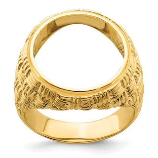 14k Yellow Gold Mens Polished Woven Design 16.5mm Coin Bezel Ring - Fits 1/10 oz American Eagle and 1/10 oz Krugerrand
