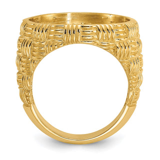 14k Yellow Gold Mens Polished Woven Design 17.8mm Coin Bezel Ring - Fits US $2.50 Liberty and Other Coins