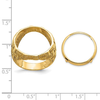 14k Yellow Gold Mens Polished Woven Design 17.8mm Coin Bezel Ring - Fits US $2.50 Liberty and Other Coins