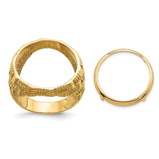 14k Yellow Gold Mens Polished Woven Design 17.8mm Coin Bezel Ring - Fits US $2.50 Liberty and Other Coins