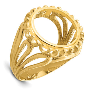 14k Yellow Gold Ladies Polished Wire Fancy 14.0mm Coin Bezel Ring - Fits 1/20 oz Maple Leaf and Other Coins