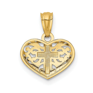 14k Yellow Gold And Rhodium Cross In Heart Pendant