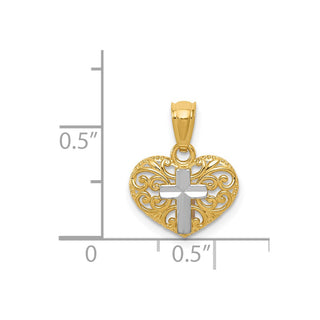 14k Yellow Gold And Rhodium Cross In Heart Pendant