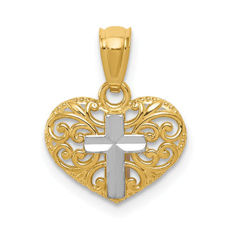 14k Yellow Gold And Rhodium Cross In Heart Pendant