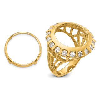 14k Yellow Gold Polished Ladies Wire Spaced AA Diamond 16.5mm Coin Bezel Ring - Fits 1/10 oz American Eagle and 1/10 oz Krugerrand