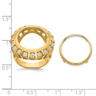 14k Yellow Gold Polished Ladies Wire Spaced AA Diamond 16.5mm Coin Bezel Ring - Fits 1/10 oz American Eagle and 1/10 oz Krugerrand