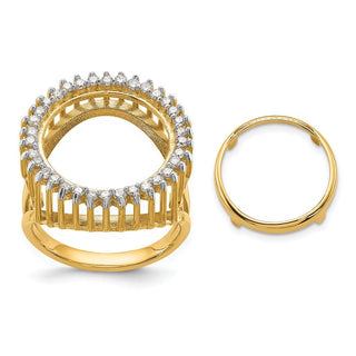 14k Gold w/ White Rhodium Ladies Trident Design AA Diamond 13mm Coin Bezel Ring - Fits 2 Pesos and US $1