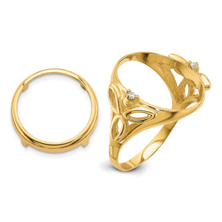 14k Yellow Gold Rhodium Ladies' Trinity AA Diamond 14mm Prong Coin Bezel Ring - Fits 1/20 oz Maple Leaf and Other Coins