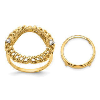 14k Gold Rhodium Ladies' Fluted Wire Two AA Diamond 14mm Coin Bezel Ring - Fits 1/20 oz Maple Leaf and Other Coins