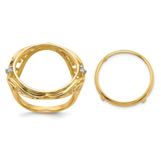14k Gold w/ White Rhodium Ladies Fancy Two AA Diamond 16.5mm Coin Bezel Ring - Fits 1/10 oz American Eagle and 1/10 oz Krugerrand