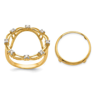 14k Yellow Gold w/ White Rhodium Ladies Fancy VS Diamond 16.5mm Coin Bezel Ring - Fits 1/10 oz American Eagle and 1/10 oz Krugerrand