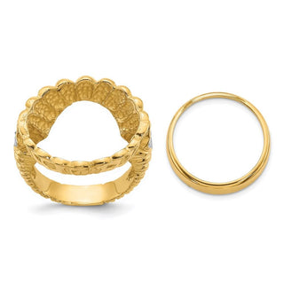 14k Gold w/ White Rhodium Ladies Braided Band AA Diamond 16.5mm Coin Bezel Ring - Fits 1/10 oz American Eagle and 1/10 oz Krugerrand