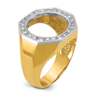 14k Gold Mens Two-tone Polished AA Diamond Octagonal 13.0mm Coin Bezel Ring Size 10 - Fits 2 Pesos and US $1