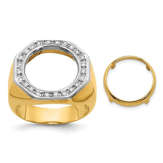 14K Yellow Gold Mens Two Tone VS Diamond Octagonal 13mm Coin Bezel Ring - Fits $1 and 2 Pesos