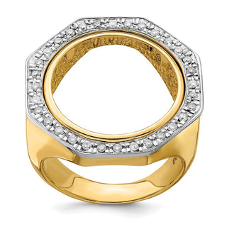 14k Gold Mens Two-tone Polished AAA Diamond Octagonal 17.8mm Coin Bezel Ring Size 10 - Fits US $2.50 Liberty and Other Coins