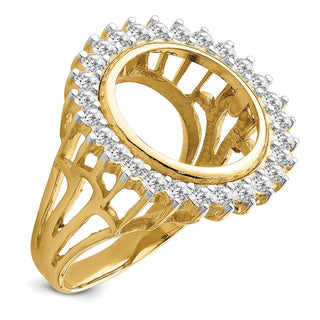 14k Gold w/ White Rhodium Polished Ladies Wire AA Diamond 14.0mm Coin Bezel Ring - Fits 1/20 oz Maple Leaf and Other Coins