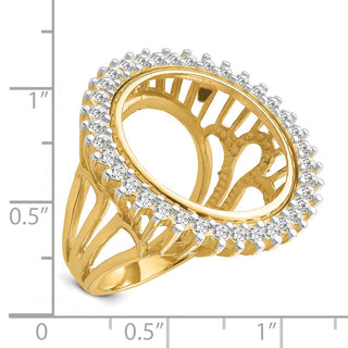14k Gold w/ White Rhodium Polished Ladies Wire AAA Diamond 19.0mm Coin Bezel Ring - Fits 5 Pesos