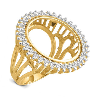 14k Gold w/ White Rhodium Polished Ladies Wire AAA Diamond 19.0mm Coin Bezel Ring - Fits 5 Pesos