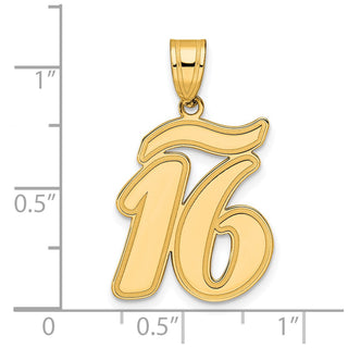 14k Yellow Gold Brushed Border Script Number 16 Pendant