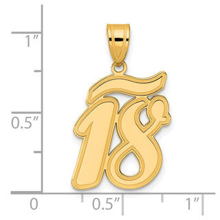 14k Yellow Gold Brushed Border Script Number 18 Pendant
