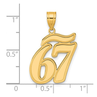 14k Yellow Gold Brushed Border Script Number 67 Pendant