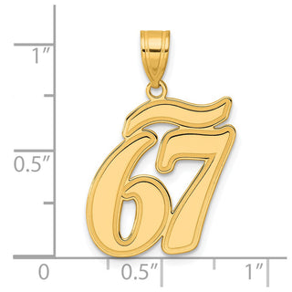14k Yellow Gold Brushed Border Script Number 67 Pendant