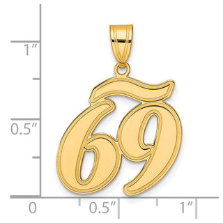 14k Yellow Gold Brushed Border Script Number 69 Pendant
