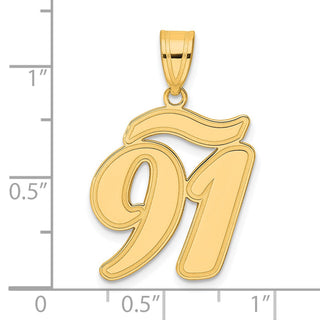 14k Yellow Gold Brushed Border Script Number 91 Pendant