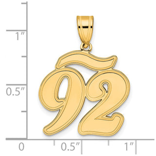 14k Yellow Gold Brushed Border Script Number 92 Pendant