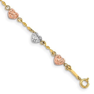 7" 14k Tri-color Gold Diamond-cut Puff Heart Bracelet