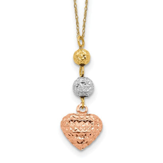 14K Tri-color Gold Ropa Diamond-Cut Beads & Heart w/ 2in Ext Necklace