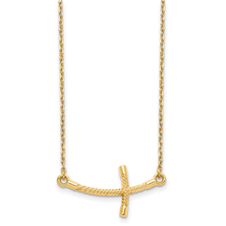 14k Yellow Gold Large Sideways Curved Twist Cross Necklace