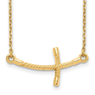 14k Yellow Gold Large Sideways Curved Twist Cross Necklace