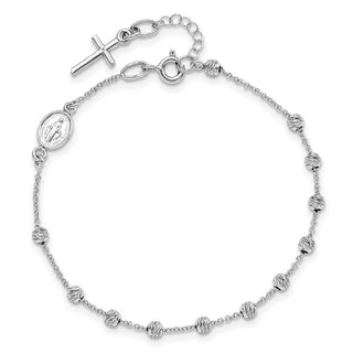 14k White Gold Diamond-cut Cross and Miraculous Medal .75in ext. Bracelet