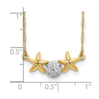 14K Yellow Gold & White Rhodium Brushed & Polished Sand Dollar Starfish Necklace