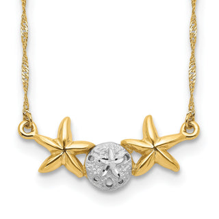 14K Yellow Gold & White Rhodium Brushed & Polished Sand Dollar Starfish Necklace