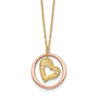 14K Two tone Gold Fancy Link Diamond-cut Heart in Open Circle Necklace