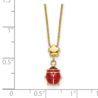 14k Yellow Gold Polished Enameled Flower with Ladybug 16.5in Necklace