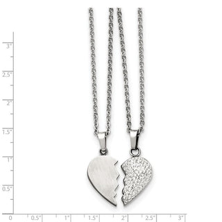 Chisel Stainless Steel 1/2 Heart Brushed and 1/2 Heart Crystal Pendants on 20 inch Cable Chain Necklace Set