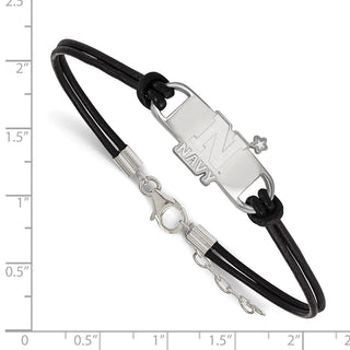 Sterling Silver Rhodium-plated LogoArt US Naval Academy Small Center Black Leather 7 inch Bracelet with Extender