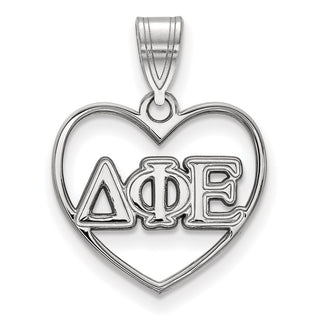 Sterling Silver Rhodium-plated LogoArt Delta Phi Epsilon Sorority Greek Letters Heart Pendant
