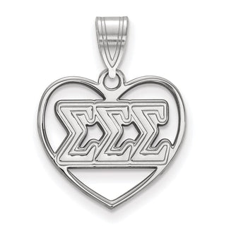 Sterling Silver Rhodium-plated LogoArt Sigma Sigma Sigma Sorority Greek Letters Heart Pendant